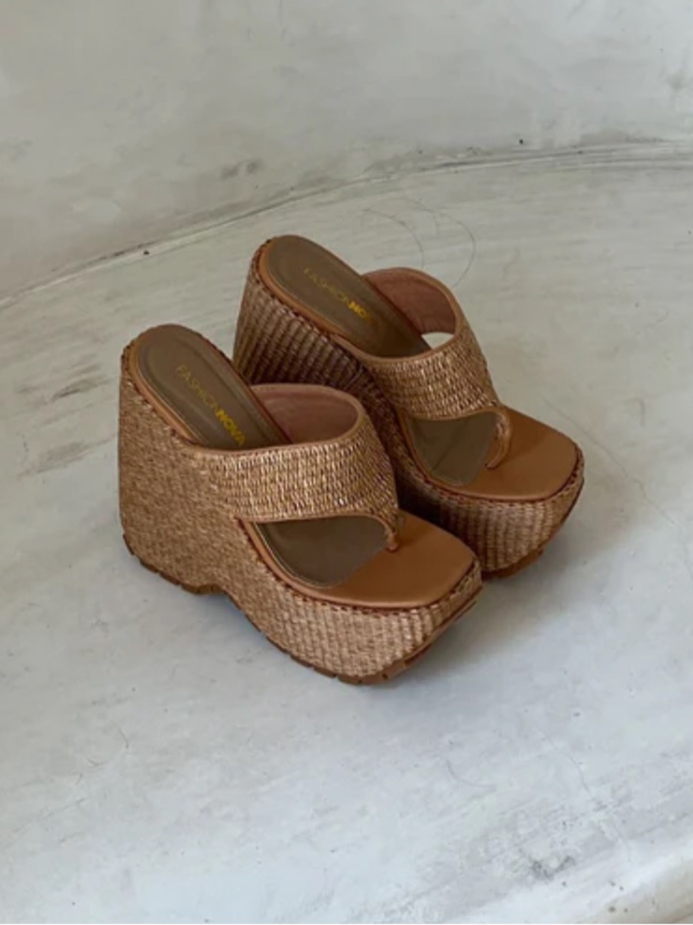 Fashion Nova Tan Woven Platform Wedge Sandals